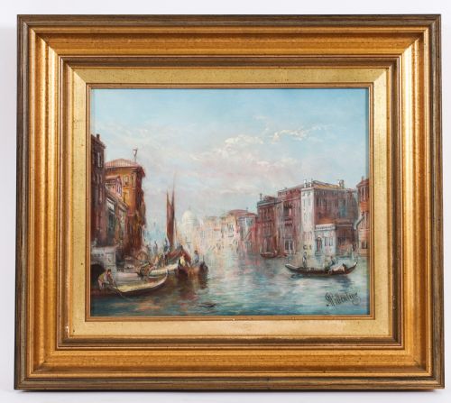Antique Oil Painting Grand Canal Mocenigo Palace Venice Alfred Pollentine 19th C