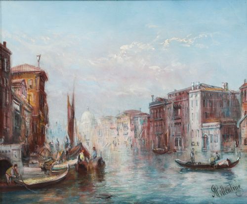 fig 1. A nineteenth-century framed oil painting depicting gondolas on the Grand Canal in Venice under a pale blue sky, set within a molded gold leaf frame.