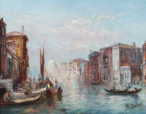 fig 3. A nineteenth-century framed oil painting depicting gondolas on the Grand Canal in Venice under a pale blue sky, set within a molded gold leaf frame.