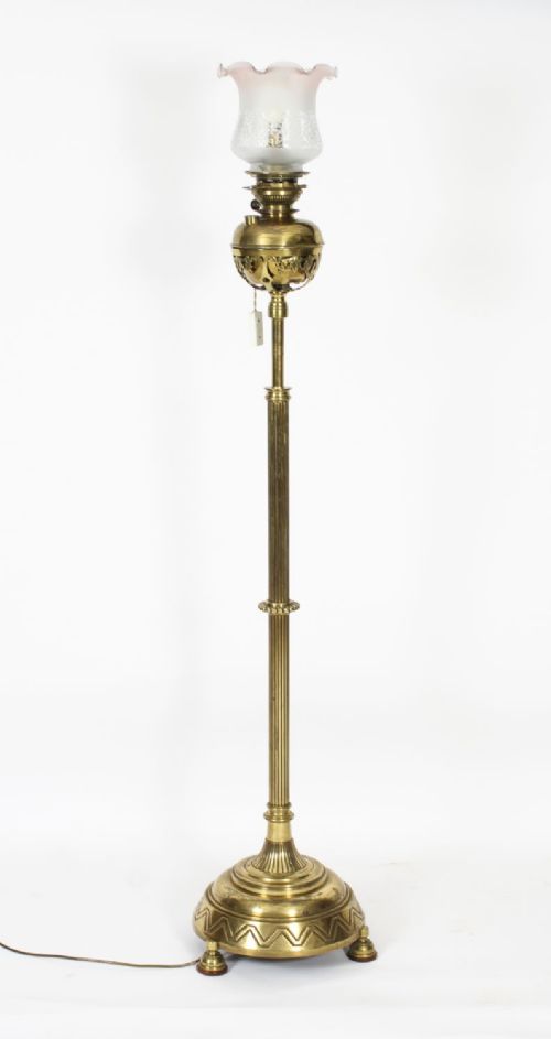 Antique Edwardian Ormolu Gilt Bronze Floor Standing Oil Lamp 19th C View X