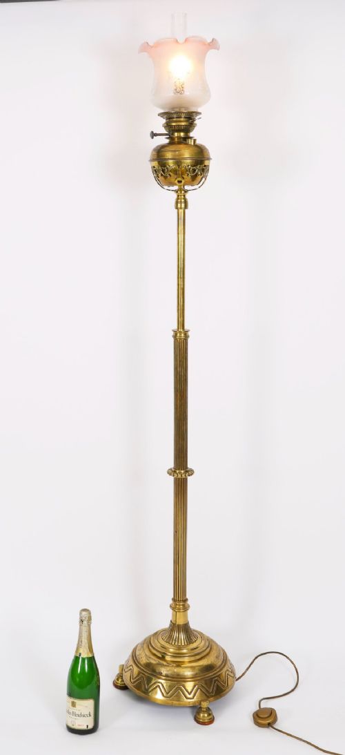 Antique Edwardian Ormolu Gilt Bronze Floor Standing Oil Lamp 19th C View XI