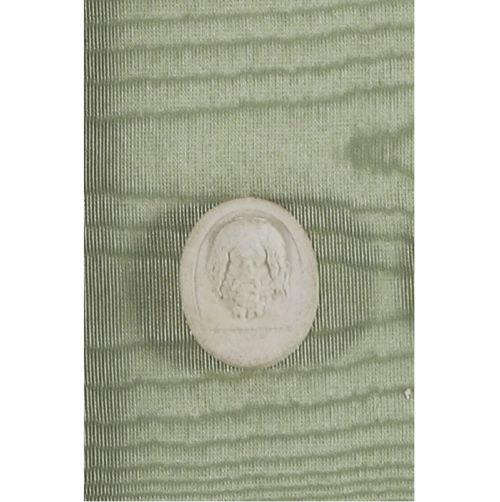 A pair of framed displays containing white plaster intaglio relief medallions mounted on green patterned fabric inside gilt frames. View XIV