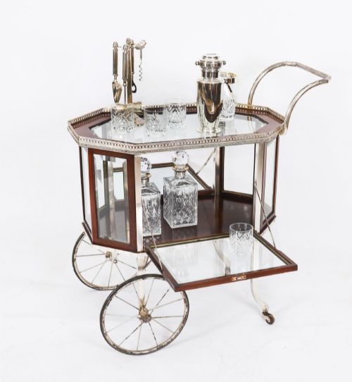 Antique French Art Deco Gilded Bar Cart / Serving Trolley Circa 1920 20th C