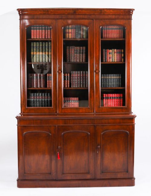 Antique English Victorian Flame Mahogany Library Bookcase 19th C