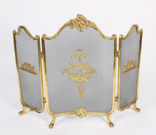 Antique French Rococo Flaming Torch Gilt Bronze Triple Fire Screen C1870