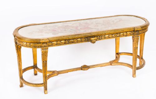 Antique French Giltwood Aubusson Louis Revival Low Coffee Table Early 20th C
