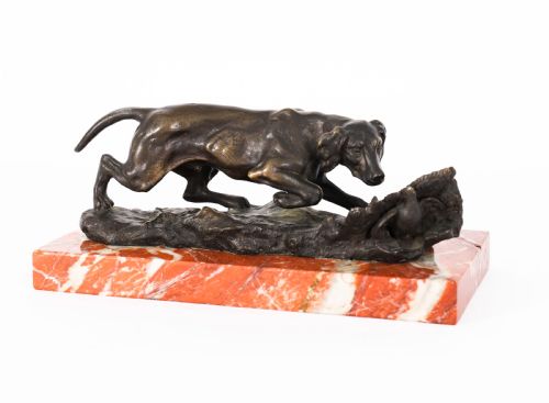 Antique Bronze Marble Sculpure "Hunting Dog" by Carl Kauba Circa 1890 19th C