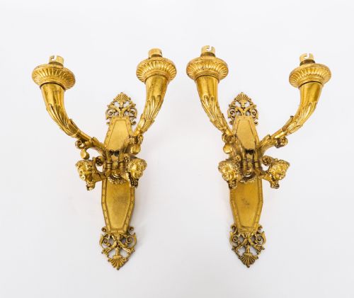 Antique Pair of French Louis XIV Revival 2 Branch Ormolu Wall Lights C1840