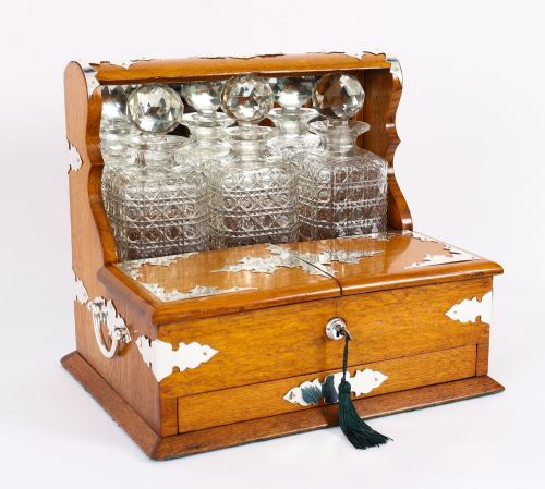 Antique Blonde Oak Tantalus Dry Bar 3 Decanter & Games Compendium 19th C
