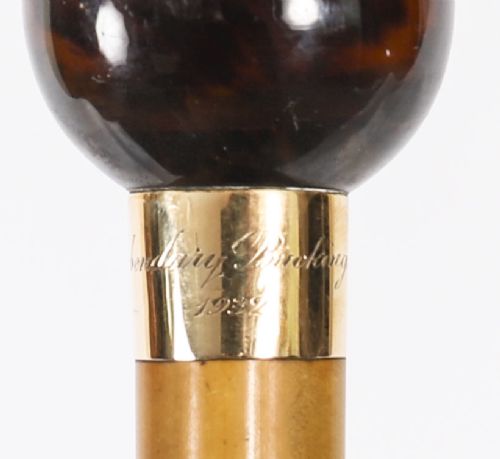 An antique Victorian wooden walking stick featuring a dark spherical pommel, an 18ct gold collar band, and a tapered brown shaft. View VII