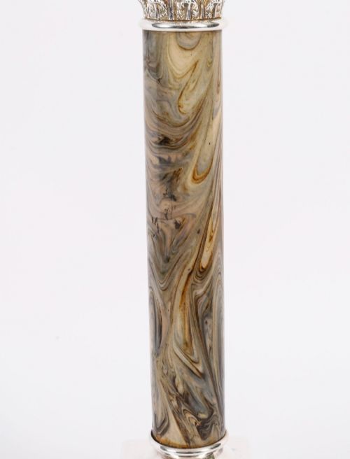 fig 2. A silver-plated Corinthian column table lamp with a marbled shaft set upon a stepped square base.