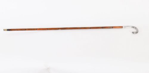 fig 1. An antique walking stick featuring a fluted silver crook handle mounted on a dark polished wooden shaft.