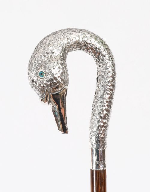 Antique Sterling Silver Swan Walking Stick Cane London 1902 89cm 35 Inches