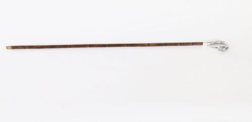 fig 1. An Edwardian walking stick featuring a sterling silver swan head handle mounted on a dark wood shaft.