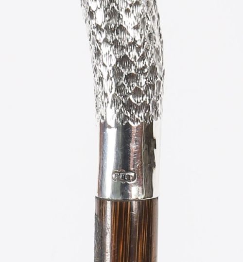 An Edwardian walking stick featuring a sterling silver swan head handle mounted on a dark wood shaft. View V