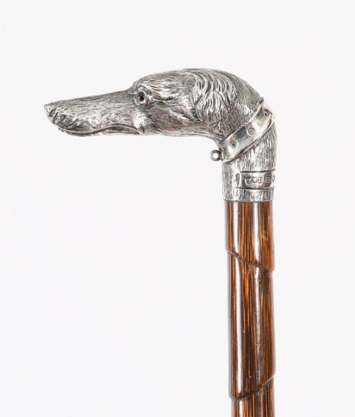 Antique Greyhound Head Sliver Handled Walking Stick Cane 19thc 94cm/37 Inch
