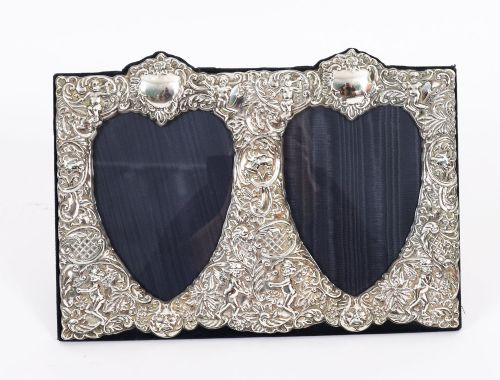 Antique Heart Shaped Double Sterling Silver Photo Frame 27 X 37 Cm