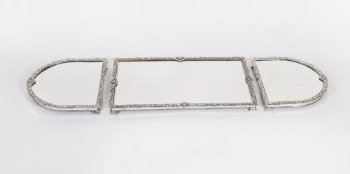 fig 2. A three-piece antique French silver-plated mirrored surtout de table with ornate floral and shell border mouldings.