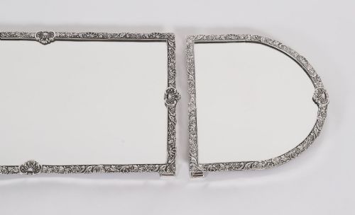 fig 4. A three-piece antique French silver-plated mirrored surtout de table with ornate floral and shell border mouldings.