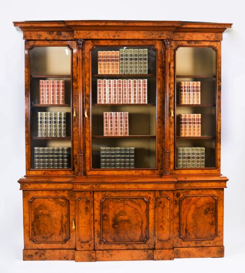 Antique Victorian Burr Walnut Breakfront Bookcase Circa1860 19th Century