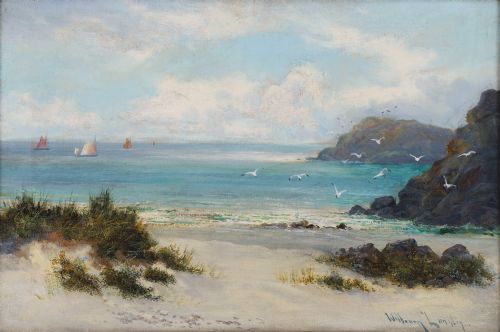 fig 1. Antique Oil Painting William Langley (English 1852-1922) Beach Scene 19th C