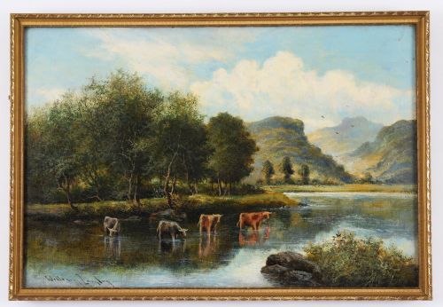 Antique Painting Rural Landscape with Cows William Langley 19th C