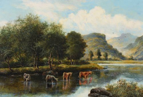 fig 2. A nineteenth-century landscape oil painting depicting cattle standing in a river framed by trees and hills, enclosed in a gilded frame.