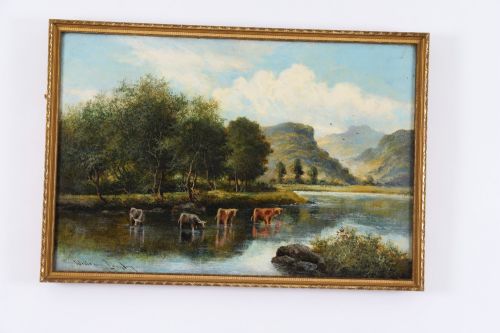 fig 3. A nineteenth-century landscape oil painting depicting cattle standing in a river framed by trees and hills, enclosed in a gilded frame.