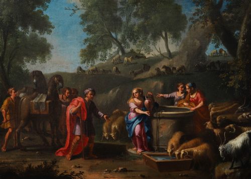 fig 1. A 17th-century Italian oil painting on board depicting figures and livestock gathered at a well, set within a landscape and surrounded by a moulded gold frame.