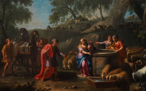 fig 3. A 17th-century Italian oil painting on board depicting figures and livestock gathered at a well, set within a landscape and surrounded by a moulded gold frame.