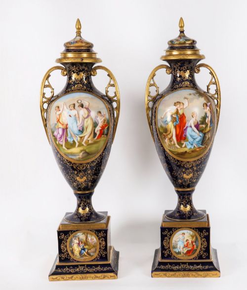 Antique Large Pair 3ft 91cm Royal Vienna Porcelain Vases on Stands 19th C