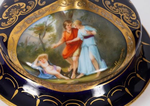 fig 7. A pair of large 19th-century cobalt blue porcelain vases on matching square pedestals, featuring gilt scrollwork and hand-painted classical mythological scenes.