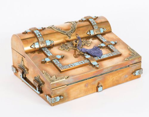 Antique Victorian Ormolu & Enamel Writing Slope Lap Desk Set 19th C