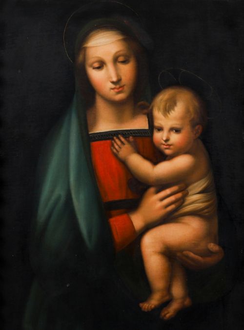 fig 2. An early 19th-century oil painting depicting the Virgin Mary holding the infant Christ, framed in an ornate carved gold leaf frame.
