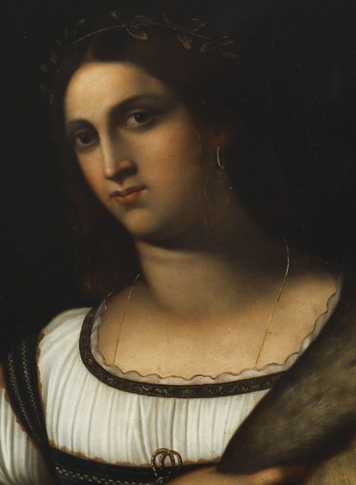 fig 3. An early 19th-century portrait oil painting of a woman in classical attire set within a heavily carved gold giltwood frame.
