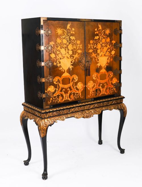 Antique Black Lacquered Marquetry Cocktail Cabinet on Stand 20th C