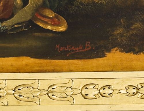 An antique French giltwood trumeau mirror with a painted pastoral scene top panel, carved shell cresting, and three glass mirror sections. View VI