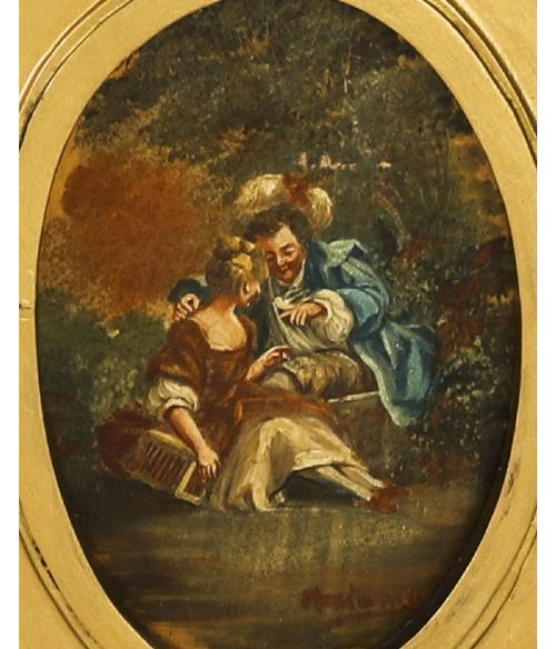 An antique French giltwood trumeau mirror with a painted pastoral scene top panel, carved shell cresting, and three glass mirror sections. View IX