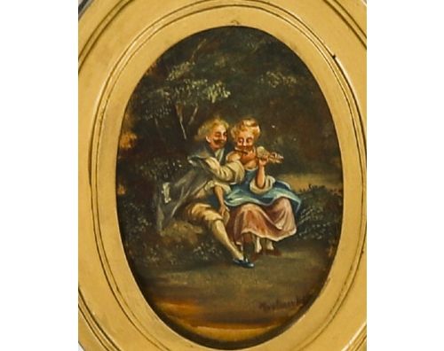 An antique French giltwood trumeau mirror with a painted pastoral scene top panel, carved shell cresting, and three glass mirror sections. View XI