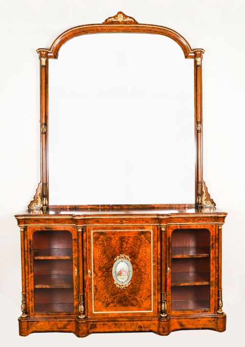 Antique Victorian Burr Walnut Sevres Plaque Mirror Back Credenza Cabinet 19th C