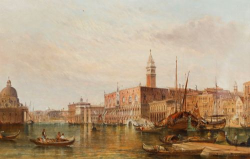 fig 1. A 19th-century oil painting depicting the Doges Palace in Venice with boats on the Grand Canal, set within an ornate gilded frame.