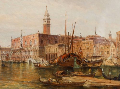 fig 2. A 19th-century oil painting depicting the Doges Palace in Venice with boats on the Grand Canal, set within an ornate gilded frame.
