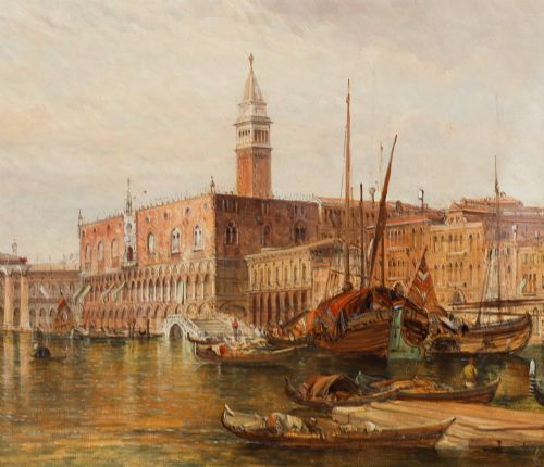 fig 4. A 19th-century oil painting depicting the Doges Palace in Venice with boats on the Grand Canal, set within an ornate gilded frame.