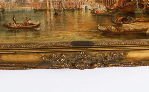 fig 5. A 19th-century oil painting depicting the Doges Palace in Venice with boats on the Grand Canal, set within an ornate gilded frame.
