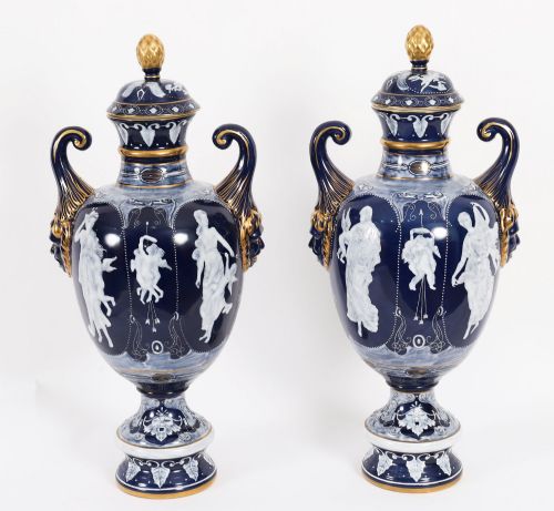 Antique Pair Meissen Limoges Enamel Porcelain Vases C.1880