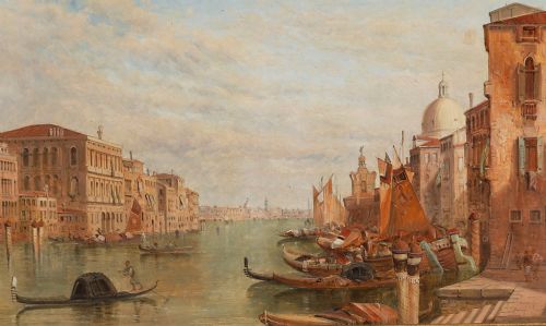 fig 2. A nineteenth-century framed oil painting depicting gondolas and boats along the Grand Canal in Venice, housed within an ornate gilded frame.