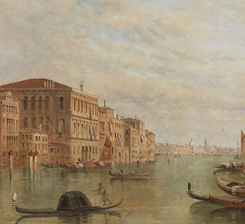 fig 4. A nineteenth-century framed oil painting depicting gondolas and boats along the Grand Canal in Venice, housed within an ornate gilded frame.