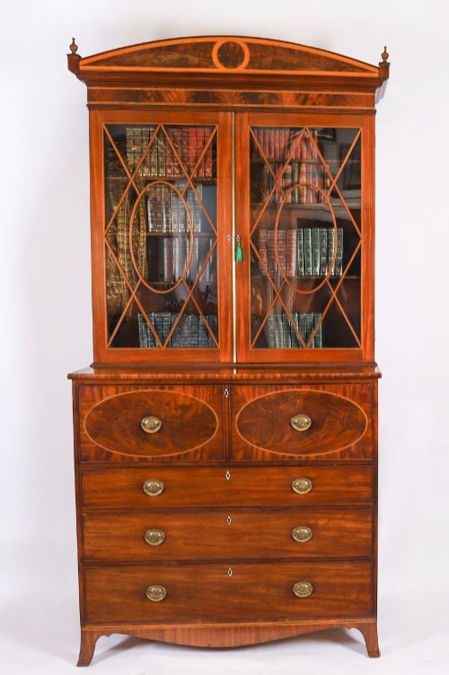 Antique George III Inlaid Flame Mahogany Secretaire  Bookcase C1815 19th C