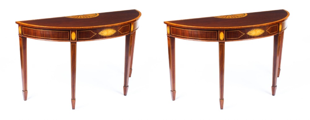Antique Near Pair Mahogany and Satinwood Inlaid Side Console Tables 19th C View XVII