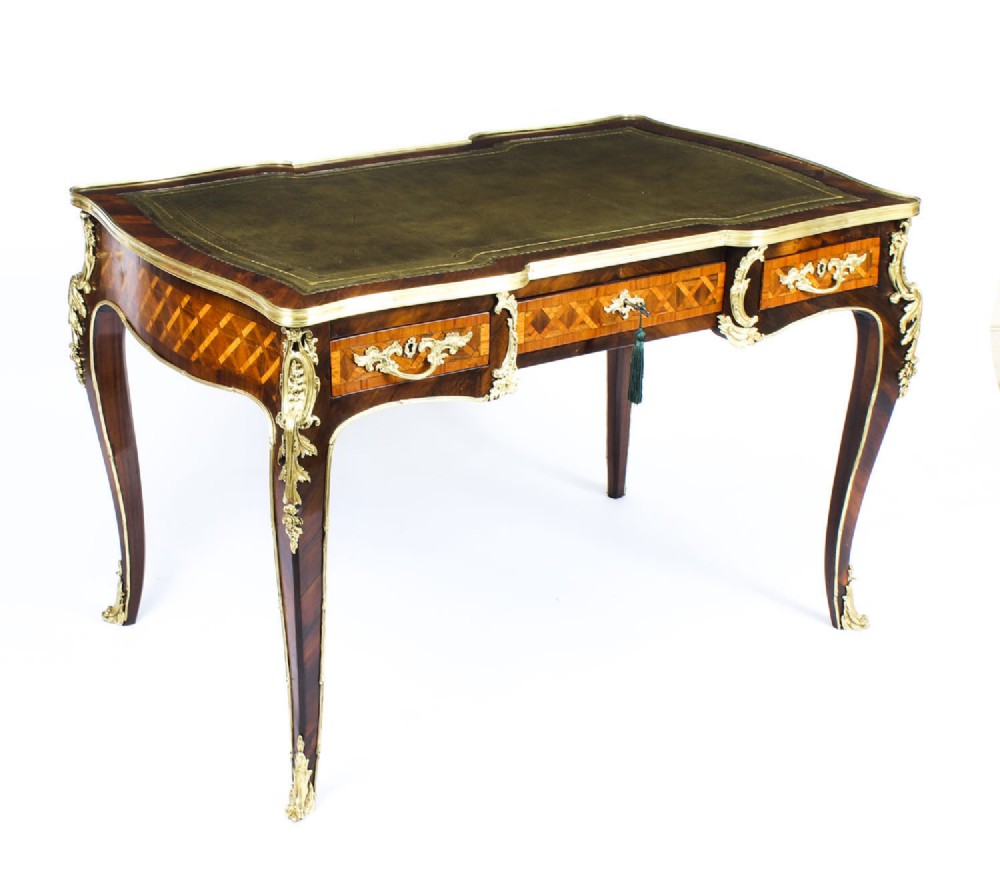 Antique French Kingwood Parquetry Ormolu Bureau Plat Desk 19th C